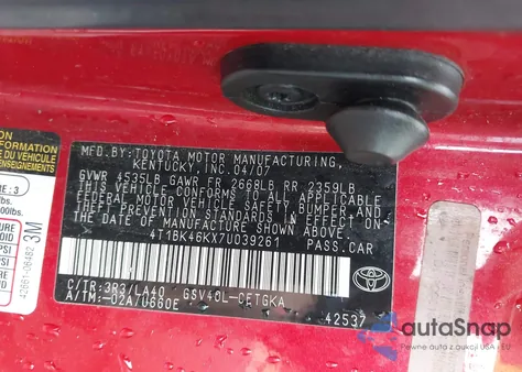 2007 Toyota Camry Xle V6 from USA, damaged, VIN 4T1BK46KX7U039261